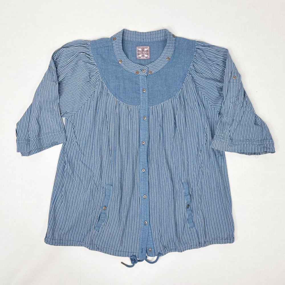 Free People Striped Button Front Tunic Top Women's XS Blue Cotton‎ Boho